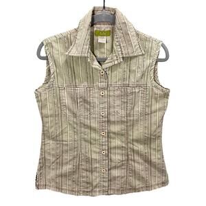 Vintage Y2K Pulp Button-Up Tank Striped Embroidery Women's Small Green & Brown